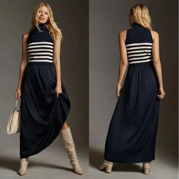 By ANTHROPOLOGIE | The Thea Sleeveless Twofer Maxi Dress in Navy/Marine | Size M - Picture 1 of 13